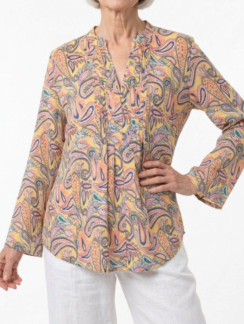 Lauren Ralph Lauren Top Women's 2X Yellow Floral Paisley Popover Blouse V-Neck